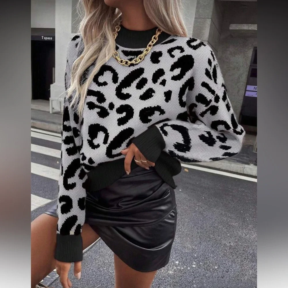 Leopard Print Sweater with Gray Accents